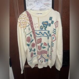 Alfred Dunner Cream Crewneck Sweater with Pink Rose & Teal Accents